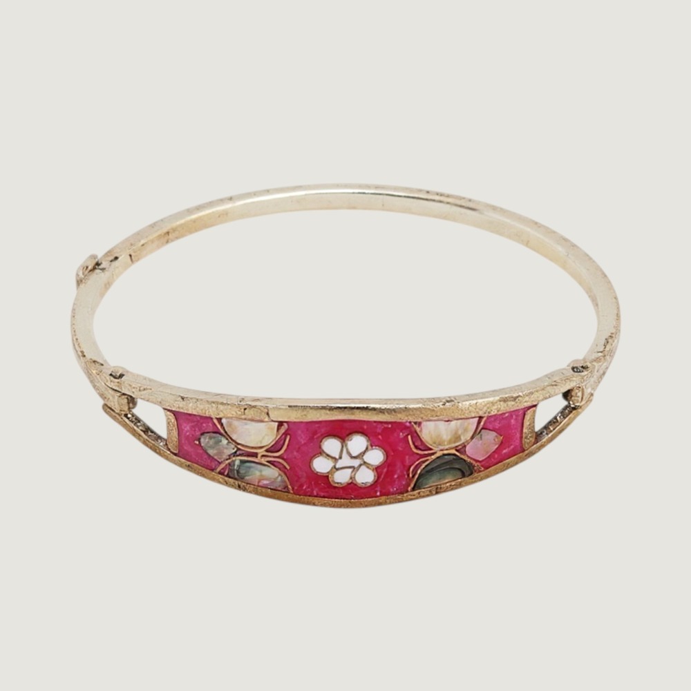 Alpaca Mexico Silver Pink Enamel Abalone Flower Butterfly Hinged Bangle Bracelet